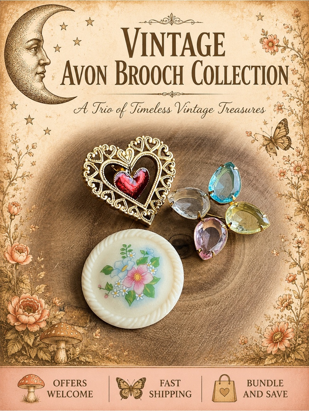 Vintage Avon Brooch Collection Heart Floral Crystal Pin Set